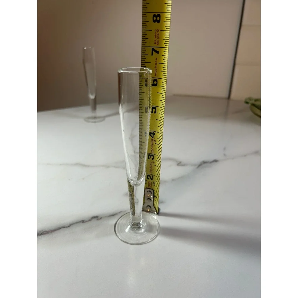 Vintage Hand Blown Clear Glass Champagne Flutes Pair Slim Trumpet Stemware 6.25
